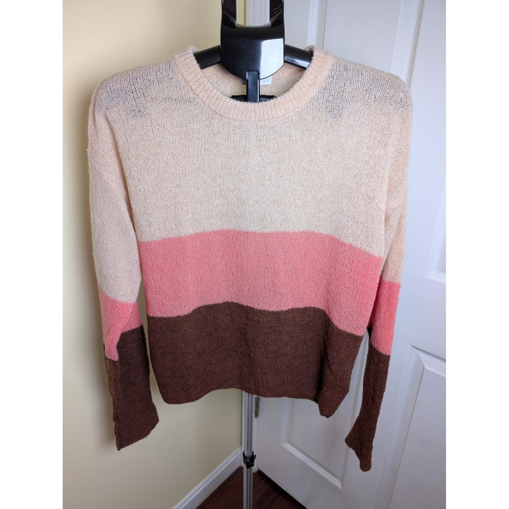 Joie Morgen Sweater Women M Pink Brown Cream Wool Blend Colorblock Crew Neck